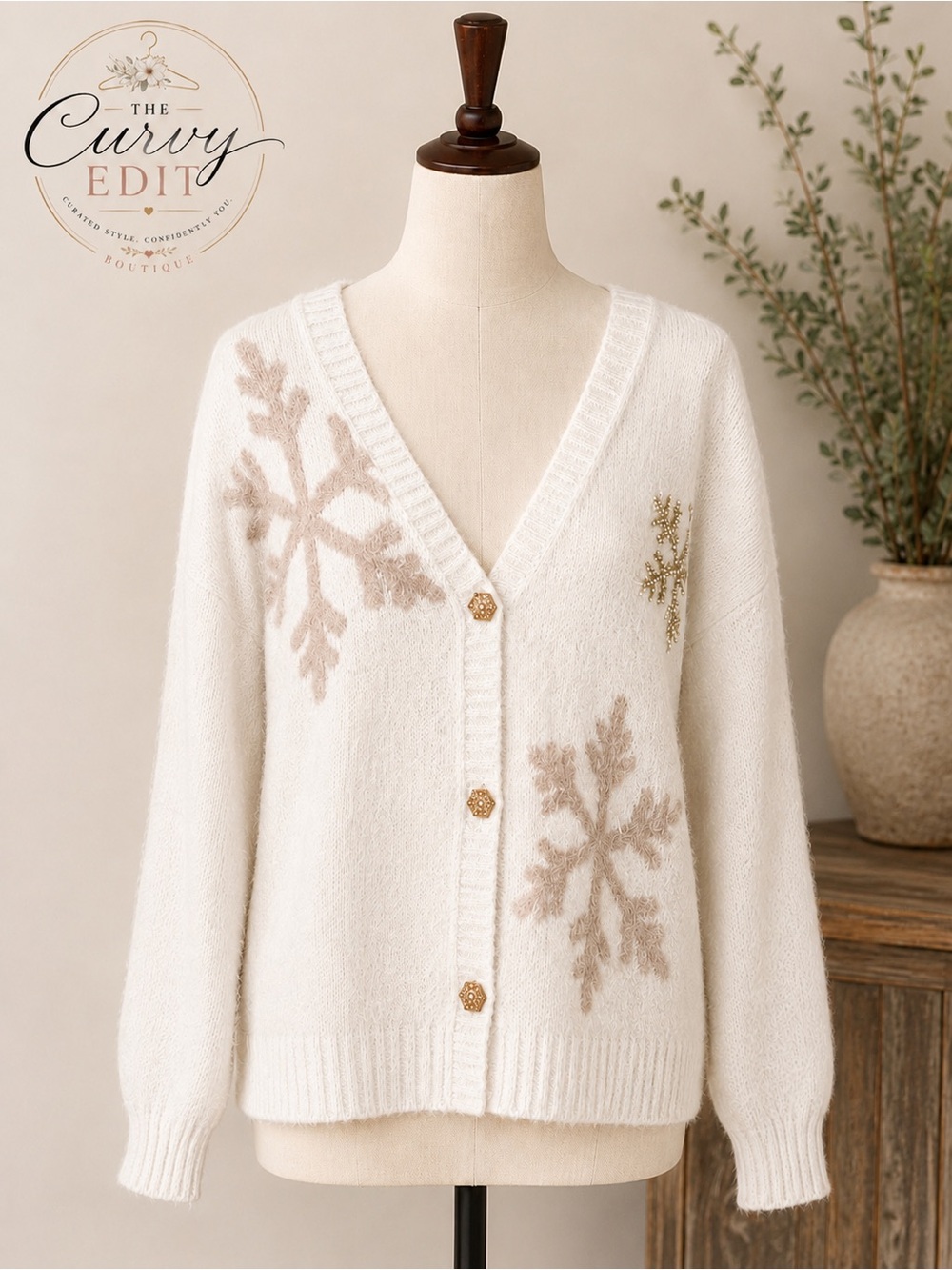 33 Degrees XXL Ivory Eyelash Knit Snowflake Cardigan Cozy Holiday Winter Sweater